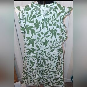 Time And Tru XL 16/18 Green Leaf Print Dress, Pockets, New With Tags